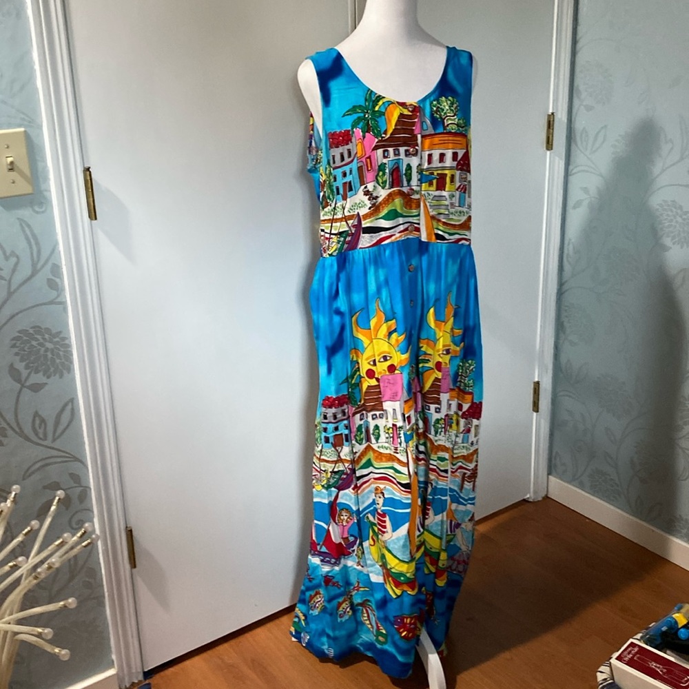 Vintage island style button front maxi dress